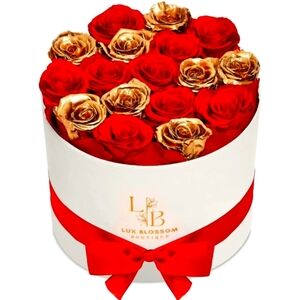 17 Forever Roses in a Box - Luxury Red & Gold Forever Flowers, Gold Roses